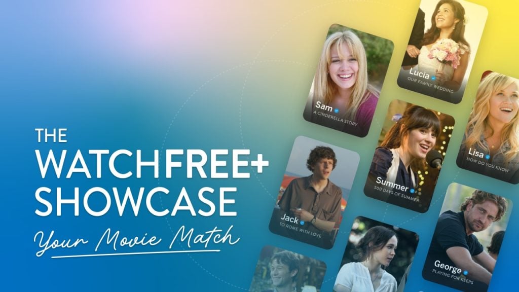 Advertisement for "WatchFree+ Showcase" featuring movie stills with actors and titles on a colorful background.