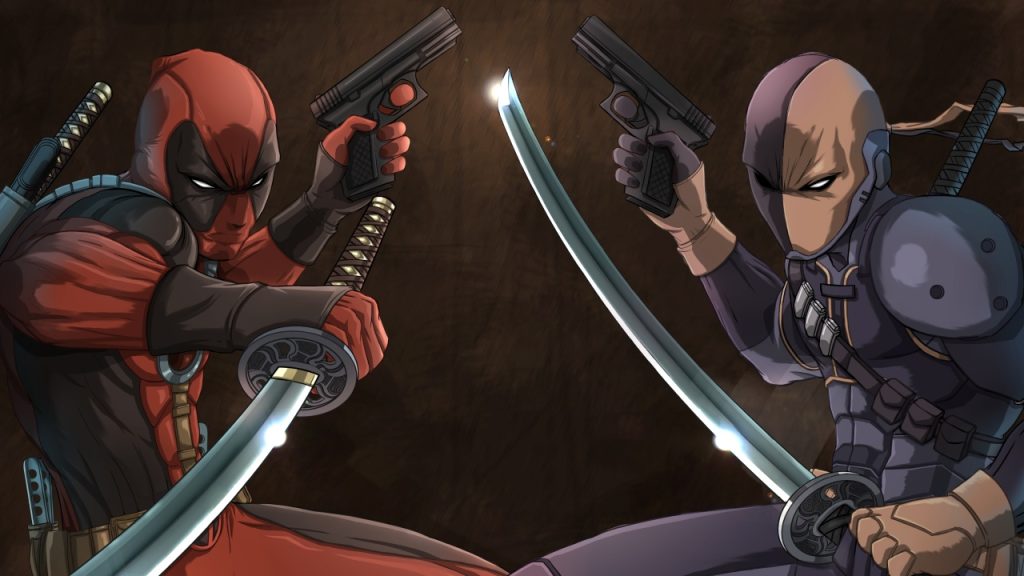 Two masked comic book characters face off, each holding a sword and a pistol, poised for battle against a dark background.