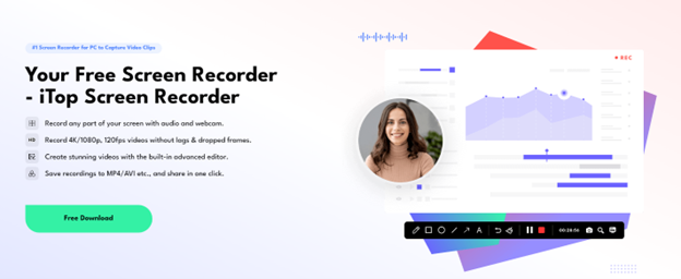 Screenshot of iTop Screen Recorder homepage showing a free download button, a brief feature list, and an image of a woman in a video recording interface.