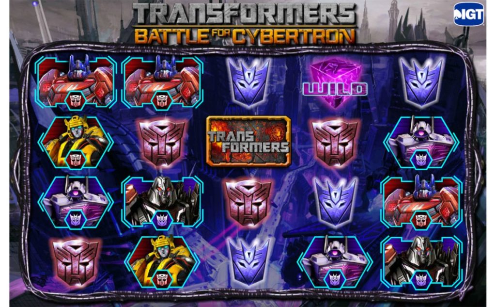 Transformers-themed slot machine game screen showing various character symbols, including Autobots and Decepticons, with a "Wild" symbol highlighted.