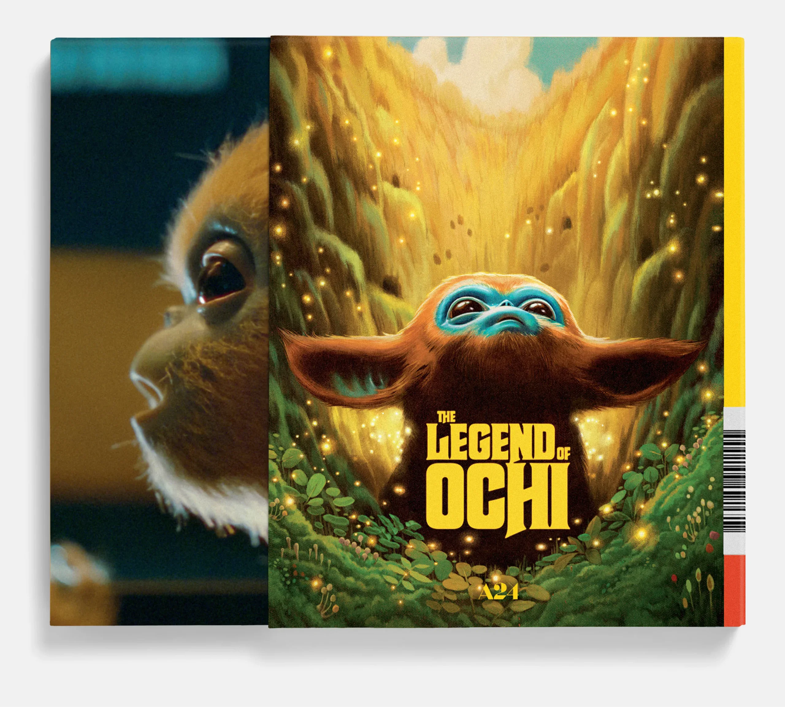 A close-up of a creature’s face is on the left, and a stylized movie poster for "The Legend of Ochi" featuring a blue-faced, large-eared creature is on the right.