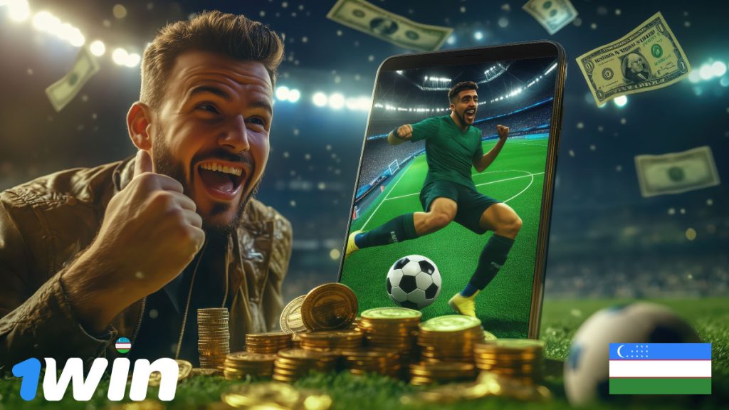 A man cheers near a pile of coins and floating cash; a tablet shows a soccer player celebrating, with the 1win logo and Uzbekistan flag visible.