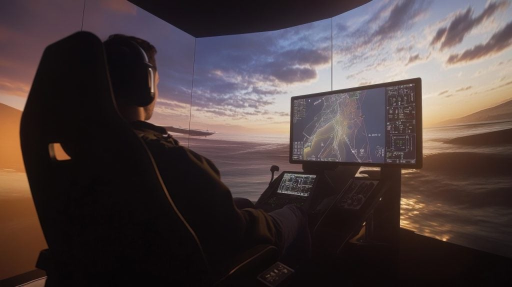 Person in a flight simulator seat using controls and computer screens, with a realistic virtual scene of the sky and water displayed in front of them.