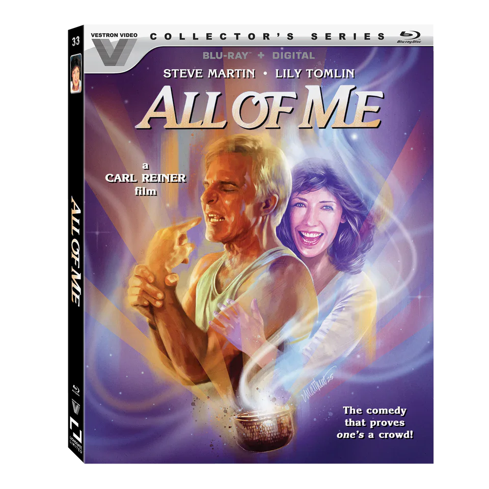 Blu-ray cover of "All of Me" featuring illustrated images of Steve Martin and Lily Tomlin with swirling energy between them; text promotes the film as a comedy by Carl Reiner.