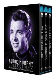 Blu-ray box set titled "Audie Murphy Collection" featuring three movies: Walk the Proud Land, Seven Ways to Sundown, and Bullet for a Badman, with a portrait of Audie Murphy on the cover.