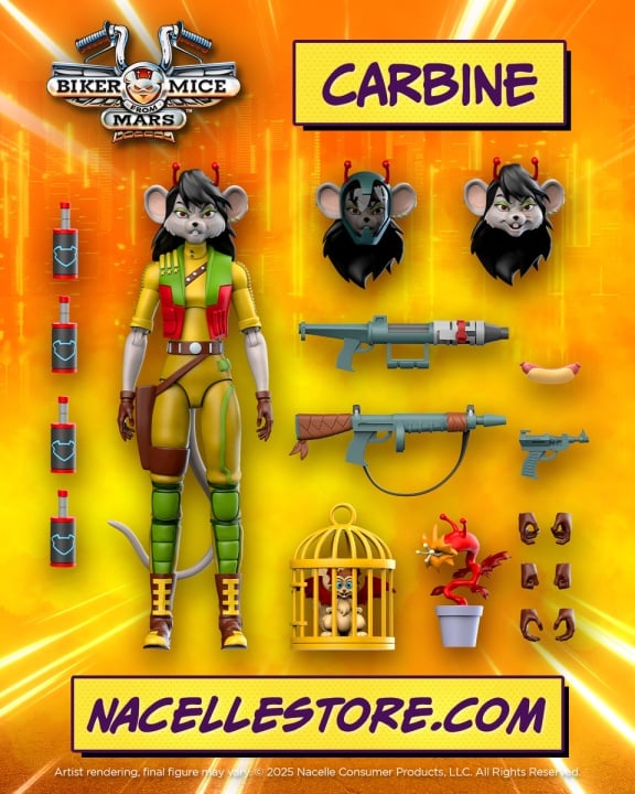 Action figure of Carbine from Biker Mice from Mars with accessories including weapons, interchangeable heads, a caged bird, hands, grenades, and a hot dog on a bright orange background.