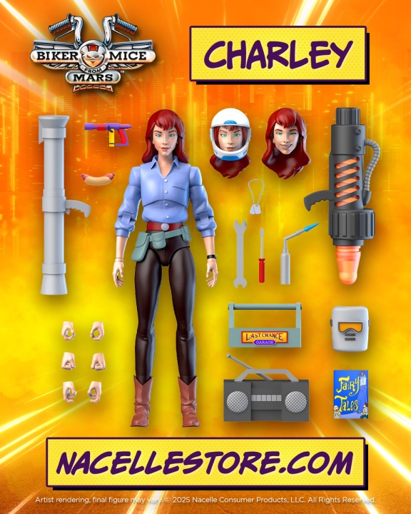 Action figure of Charley from Biker Mice from Mars, shown with interchangeable heads, hands, helmet, tools, weapons, and accessories on an orange background.