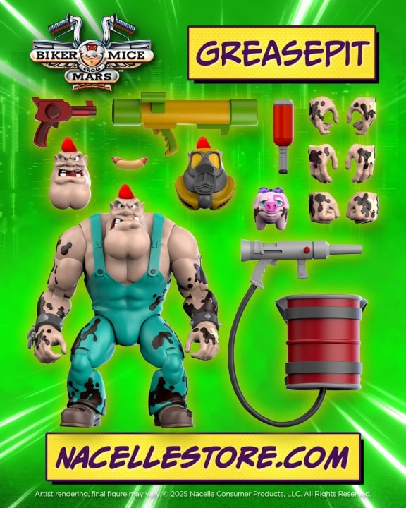 Action figure of Greasepit from Biker Mice from Mars in blue overalls with multiple accessories, alternate heads, and hands displayed on a green background.