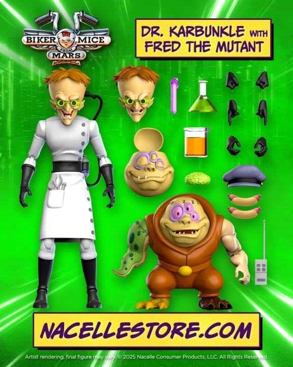 Promotional image of Dr. Karbunkle and Fred the Mutant action figures with accessories, from Biker Mice from Mars, on a neon green background.