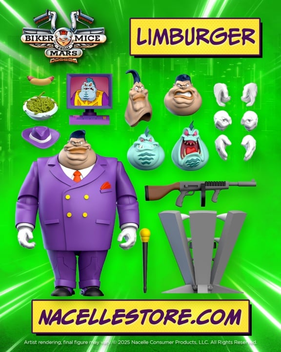 A toy set featuring Limburger from Biker Mice from Mars, with interchangeable heads, hands, green cheese, microphone, gun, and display stand on a green background.