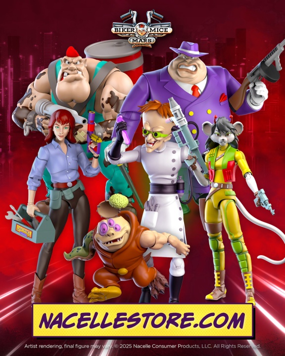 Six action figures from the “Biker Mice from Mars” series are displayed on a red background with a nacellestore.com banner at the bottom.
