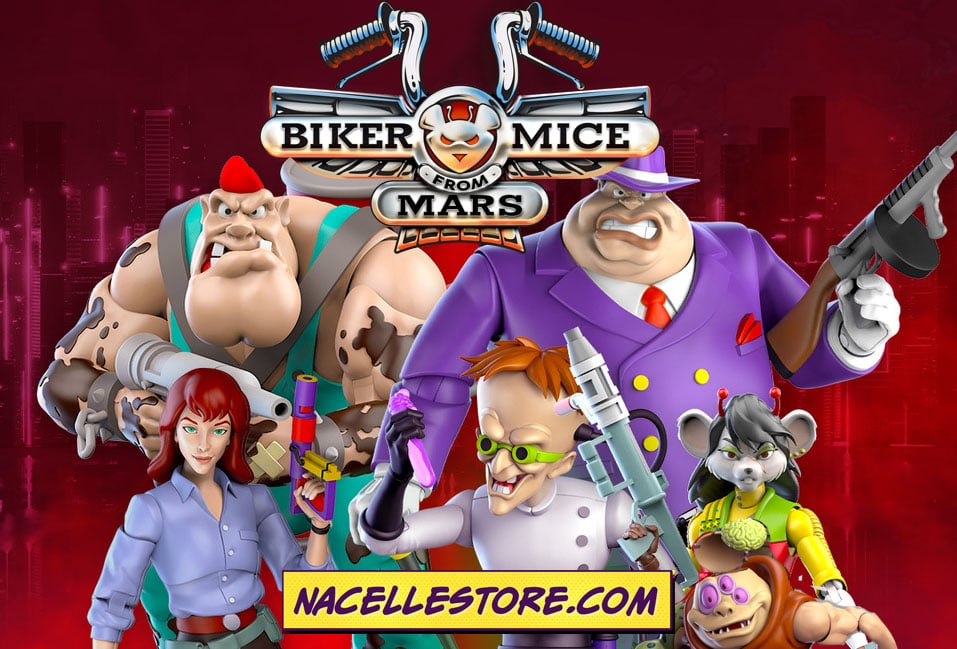 Five animated characters from Biker Mice from Mars pose in front of a red background with the logo and nacellestore.com text at the bottom.