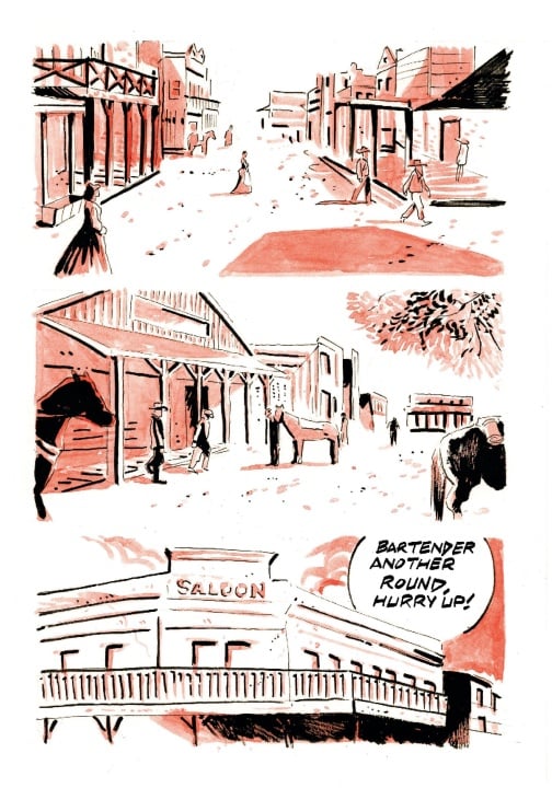 A comic-style illustration of an old Western town with people, horses, and buildings; one panel features a saloon with text: "Bartender, another round, hurry up!.