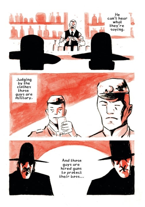 A bartender stands behind a counter while shadowy figures sit at a bar; narration identifies military men and hired guns in the scene.