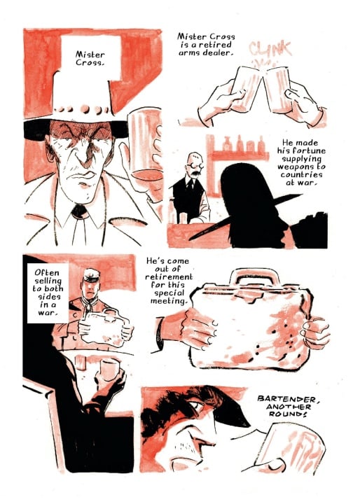 A comic page shows Mister Cross, a retired arms dealer, meeting in a bar. He brings a briefcase, and a patron calls for another round of drinks. Text explains his background.