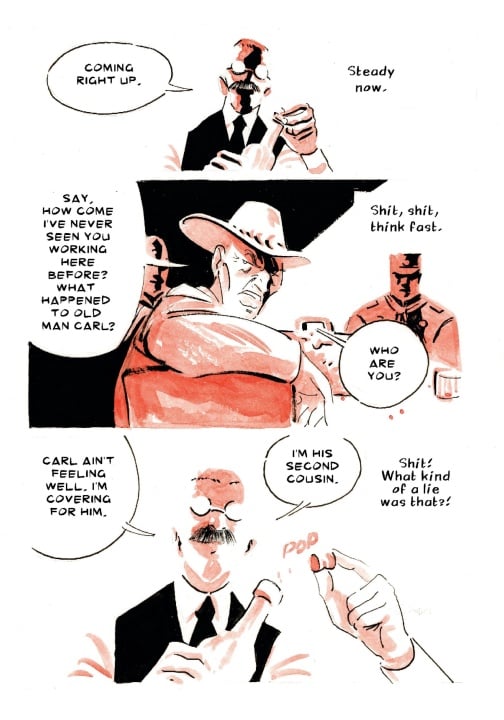 A man in a hat questions a bartender about his identity; the bartender nervously claims to be Carl's second cousin while pouring a drink.