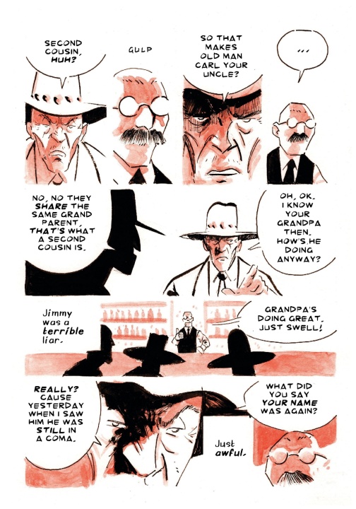 A comic page shows several men in conversation at a bar, discussing family relations and the health of one’s grandfather, with one character revealed to be lying. Colors are muted in black, white, and red tones.