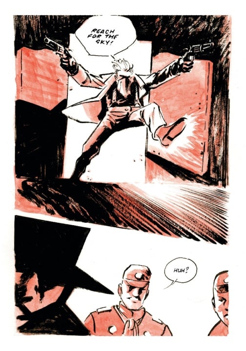A person with two pistols bursts through a door shouting, "Reach for the sky!" while two surprised people in uniform react below.