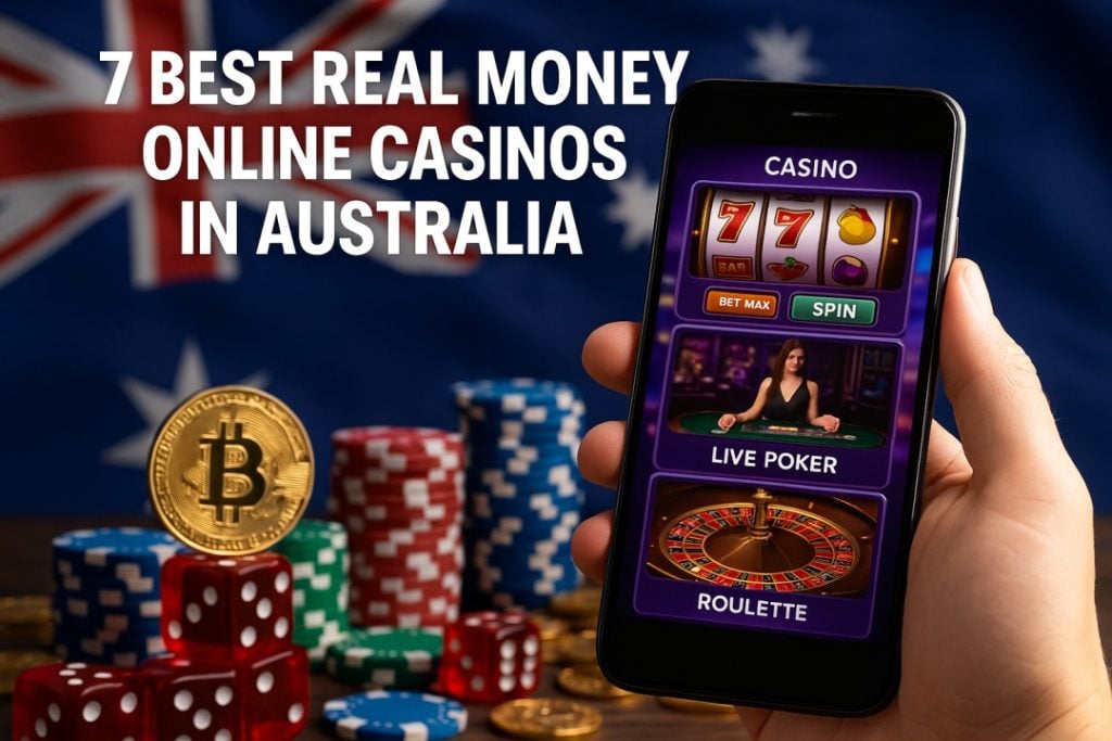 A hand holds a smartphone displaying a casino app with slot, poker, and roulette games; poker chips, a bitcoin, and an Australian flag are in the background.