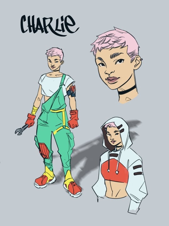 Character design sheet featuring a young person with short pink hair, wearing green overalls, red gloves, and holding a wrench, with close-up and alternate hoodie outfit views.