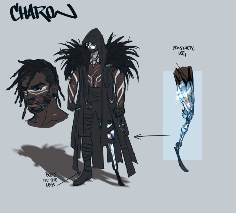 A character design named Charon featuring a dark hooded outfit with feathers, facial piercings, and a detailed prosthetic leg labeled and shown in close-up.