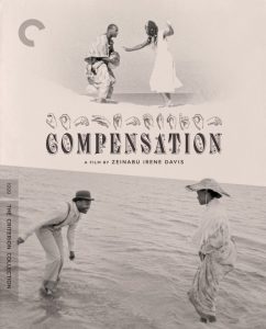 Black-and-white movie poster shows two couples, one standing on land and the other walking in water, with the title "Compensation" and director Zeinabu Irene Davis's name.