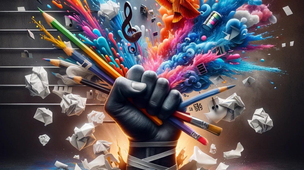 A hand grips art supplies as colorful splashes, musical notes, and crumpled paper burst out, symbolizing creativity and artistic expression.