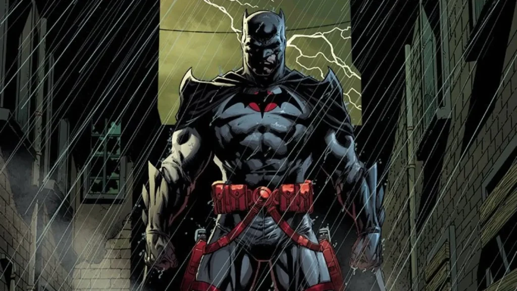 Comic book illustration of Batman standing in a dark alley at night during heavy rain, with lightning illuminating the sky behind him.