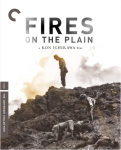 A man stands atop a rocky hill while two others lie on the ground below; text reads "Fires on the Plain, a Kon Ichikawa film.