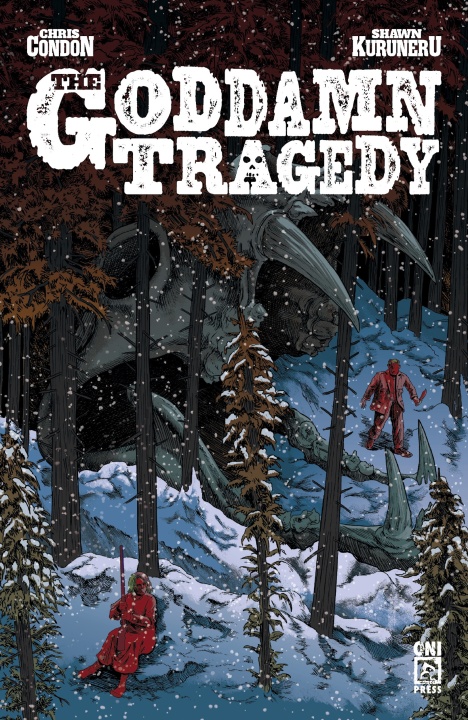 Two people in red coats stand in a snowy forest with a large, dragon-like skeleton in the background. The comic title "The Goddamn Tragedy" is displayed in bold white letters above.