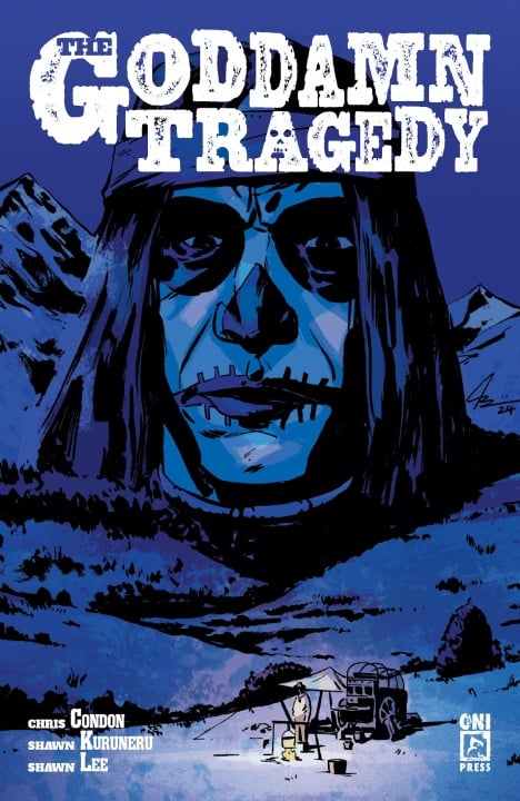 A comic book cover titled "The Goddamn Tragedy" features a blue-tinted, skeletal-faced figure over a nighttime mountain landscape with a wagon and people below.