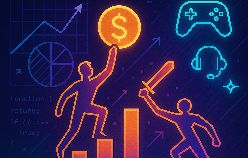 Two outlined figures climb and battle among charts, a dollar sign, a game controller, and a headset, symbolizing competition and achievement in gaming and finance.