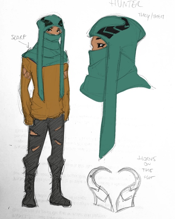 A character design sketch shows a person wearing a green horned hat and scarf covering most of their face, a brown shirt, ripped black pants, and boots; notes label parts of the outfit.