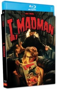 Blu-ray cover of "I, Madman" showing a woman reading a comic as a menacing figure looms behind her in a dark library. The film’s title appears in bold red letters above.