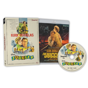 A Blu-ray edition of "The Juggler" featuring the case, disc, and cover art with images of Kirk Douglas and other characters from the film.
