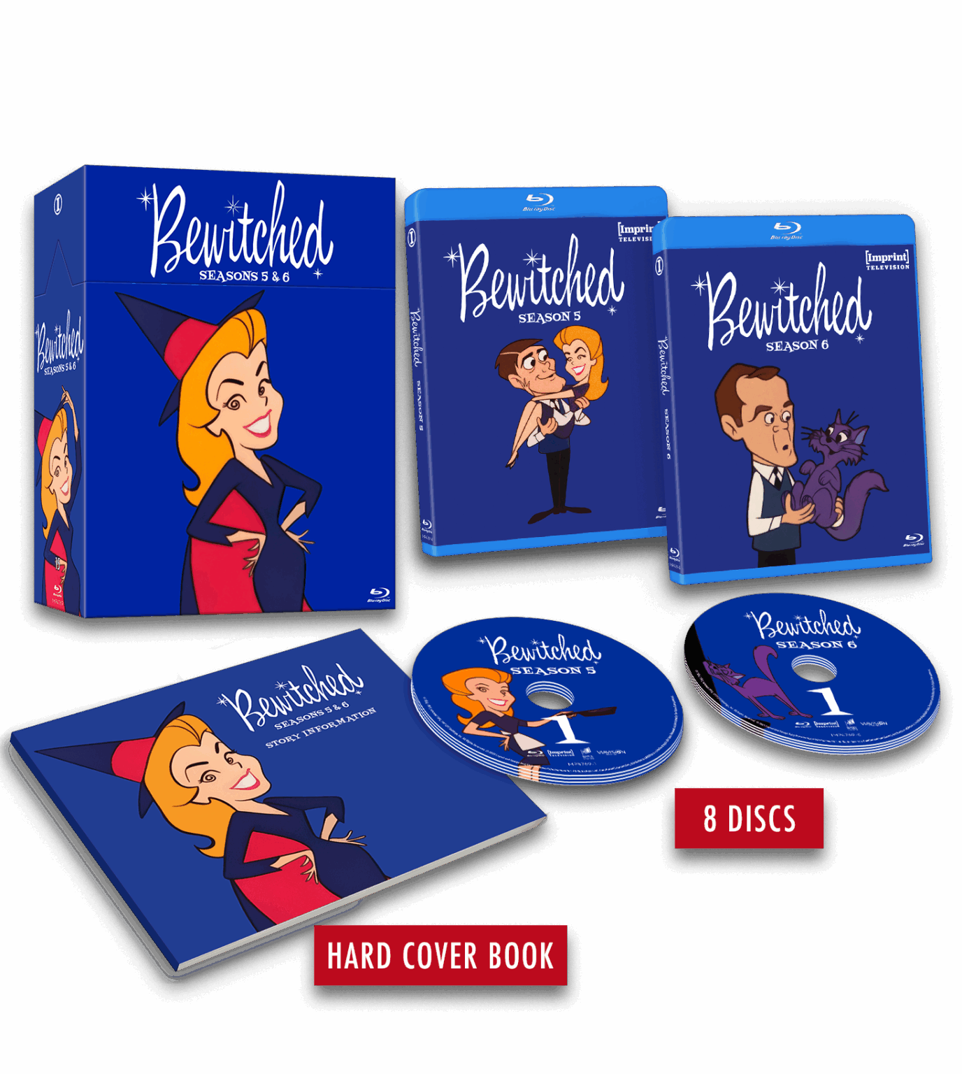 Box set of "Bewitched" Seasons 5 & 6 includes 8 Blu-ray discs, two illustrated cases, and a hardcover book, all featuring cartoon-style artwork of characters from the show.