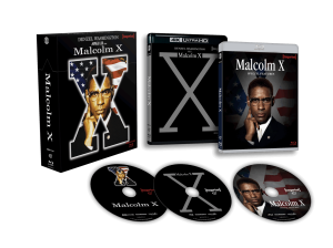 Box set of "Malcolm X" 4K Ultra HD and Blu-ray featuring three discs, two cases, and cover art with Denzel Washington as Malcolm X in front of an American flag.