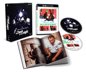A 4K Ultra HD box set of "In the Heat of the Night," including a slipcover, two discs, a case with cover art, and an open booklet featuring production photos.