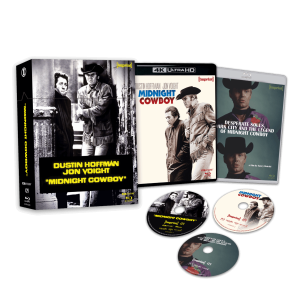 Box set of "Midnight Cowboy" featuring a 4K Ultra HD case, booklet, and two discs, with cover art showing the film’s main characters.