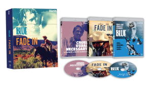 Box set includes three Blu-ray cases and discs for the films "Blue," "Fade In," and "Cruel is the Night," displayed alongside their packaging against a black background.