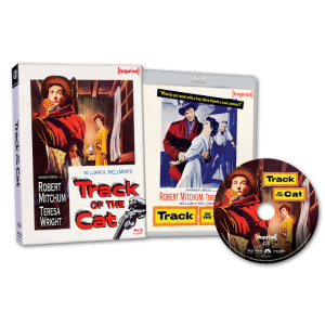 Blu-ray case, disc, and insert for the film "Track of the Cat" featuring artwork of a man in a red scarf and a woman looking concerned.