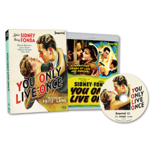 Blu-ray box set, case, and disc of the film "You Only Live Once," featuring stylized artwork of a man and woman embracing, directed by Fritz Lang.