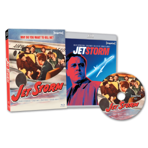 Blu-ray set of the film "Jet Storm," featuring the outer case, inner case with a blue-toned cover, and a disc showing the movie's title and airplane illustration.