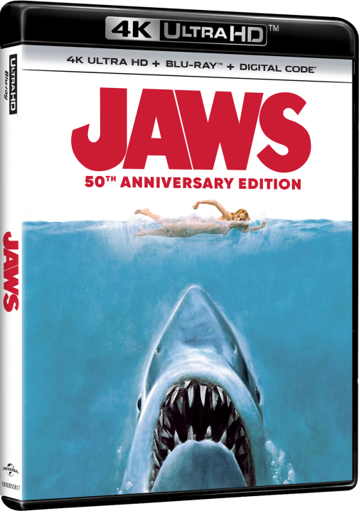 4K Ultra HD cover for "Jaws: 50th Anniversary Edition," showing a swimmer on the surface and a large shark approaching from below.