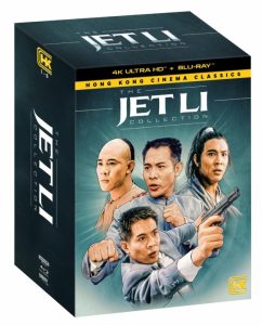 Box set titled "The Jet Li Collection" featuring illustrated images of Jet Li in different martial arts poses, labeled as 4K Ultra HD + Blu-ray, under Hong Kong Cinema Classics.