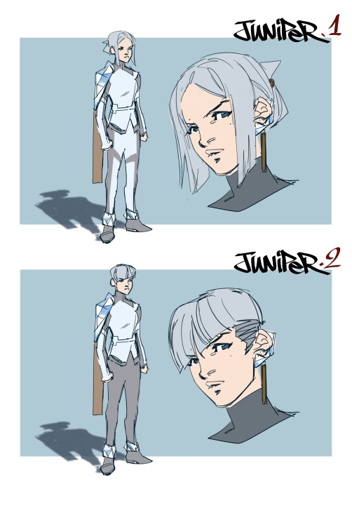 Two character design sheets labeled "Jupiter 1" and "Jupiter 2" show a futuristic figure with short light hair, wearing a white and gray suit, illustrated from full body and portrait views.