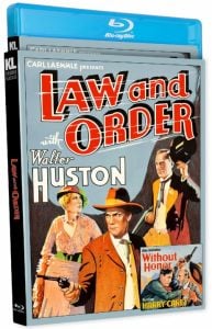 Blu-ray cover of the classic film "Law and Order" featuring illustrated characters in Western attire, including a man with a gun and a woman in a yellow dress.
