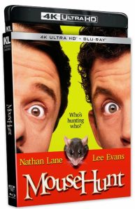 4K Ultra HD Blu-ray cover of "Mouse Hunt" featuring close-ups of Nathan Lane and Lee Evans' surprised faces with a mouse between them.