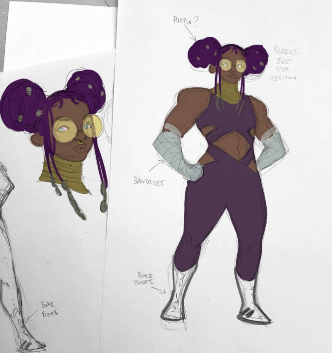 A character design sketch of a woman with purple hair in buns, large round glasses, gloves, a sleeveless purple outfit, and boxy boots. Handwritten notes label features and outfit parts.