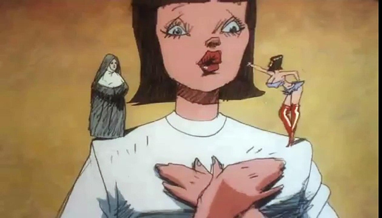 An illustrated woman with a worried expression has a nun on one shoulder and a woman in revealing clothing on the other, symbolizing a moral dilemma.